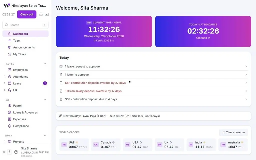 A 30-second tour of WorkforceOS: the dashboard, leave, employees, payroll, a project and the search box