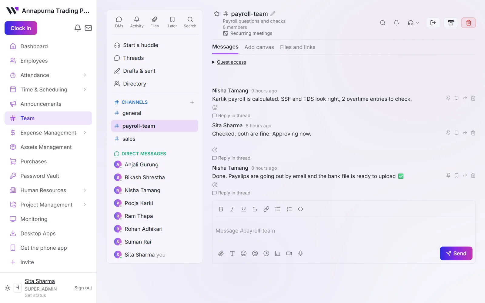 Team chat channel where the payroll team checks and approves the month's payroll