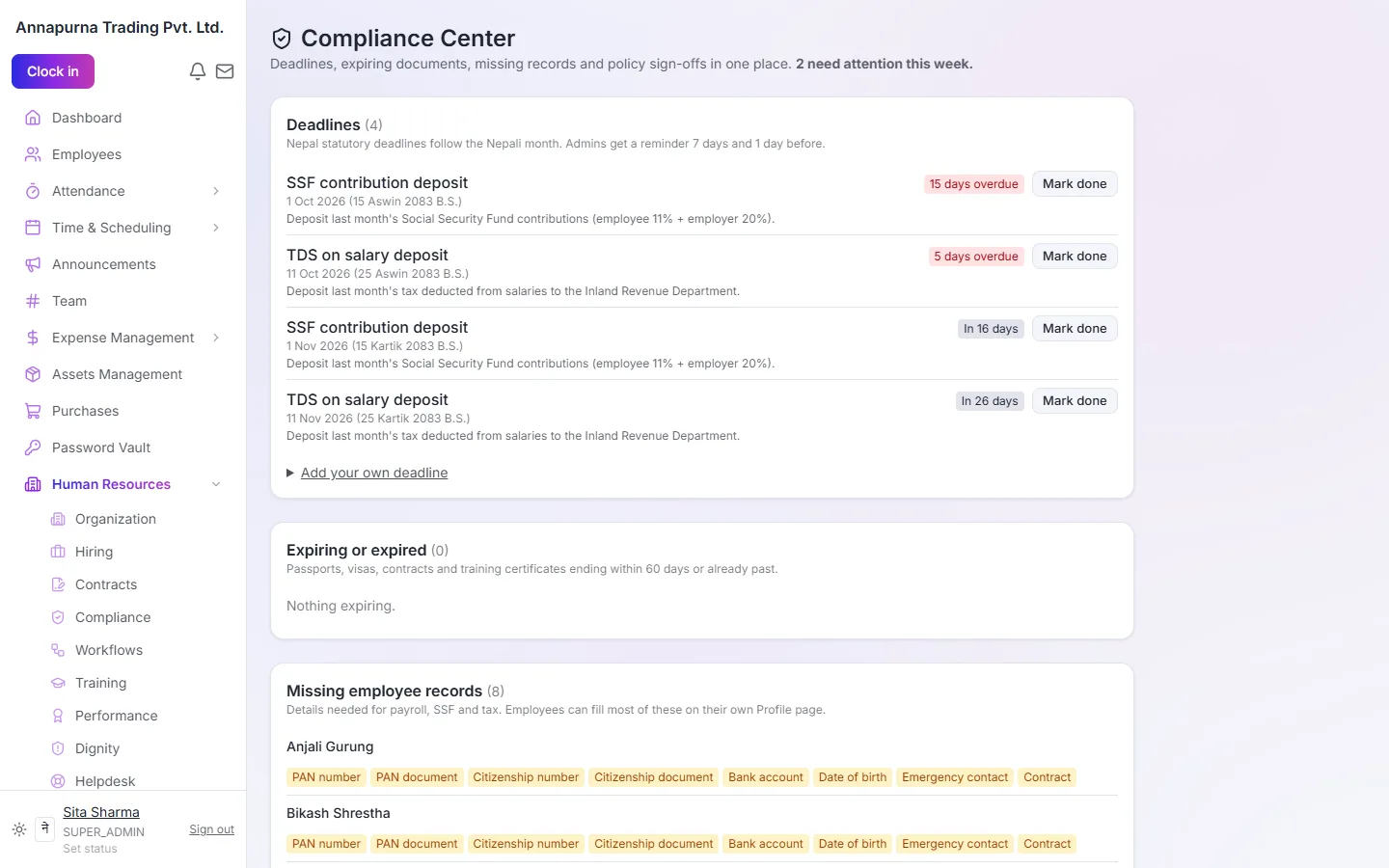 Compliance Center with SSF and TDS deadlines and missing employee records