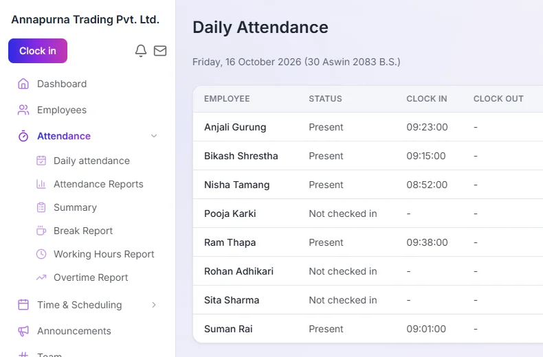 Daily attendance list with clock-in times for each employee