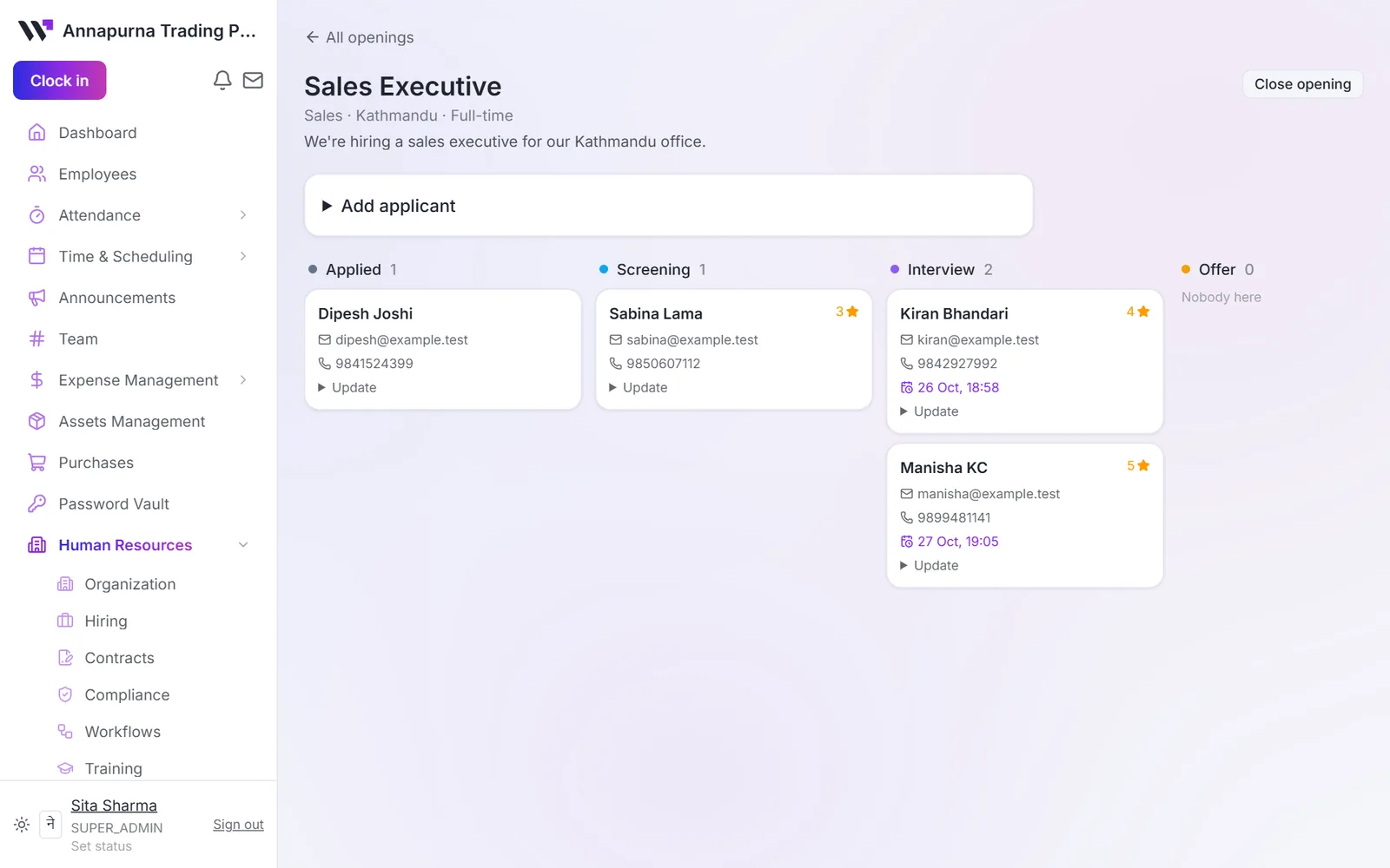 Job opening for a sales executive with applicants in Applied, Screening and Interview columns